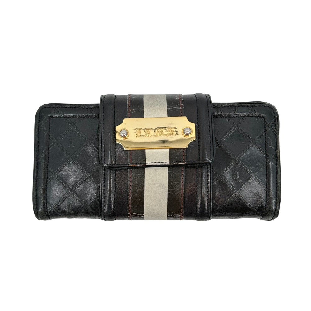 L.A.M.B. Gwen Stefani Black Quilted Leather Wallet White Stripe Kiss Lock Clutch